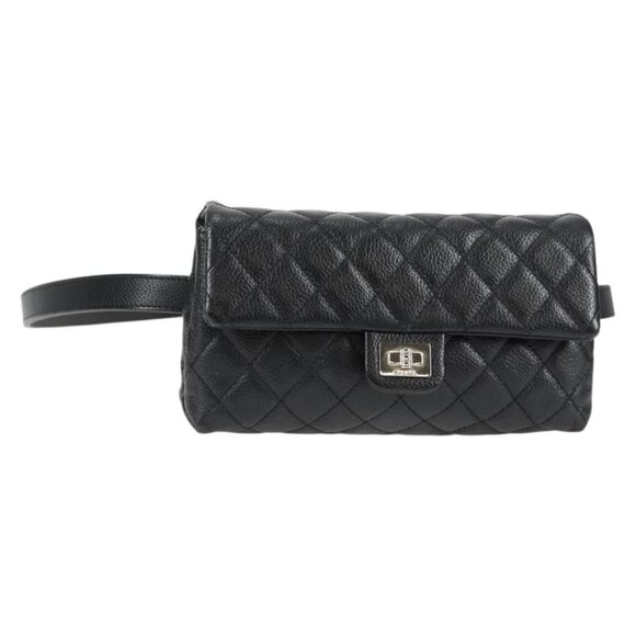 CHANEL Matelasse Waist Bag Grained Calf Skin Black Silver CC Auth 132565M - Picture 1 of 16
